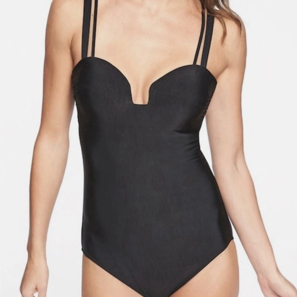 Athleta Aqualuxe Swimsuit Black Square Plunge One Piece Womens Sz L Beach Pool